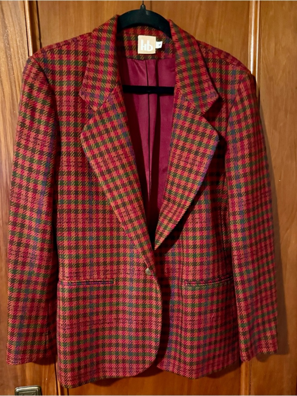 HB Long Sleeve Wool Plaid Blazer Single Button Burgandy Workwear Womens 4 / S